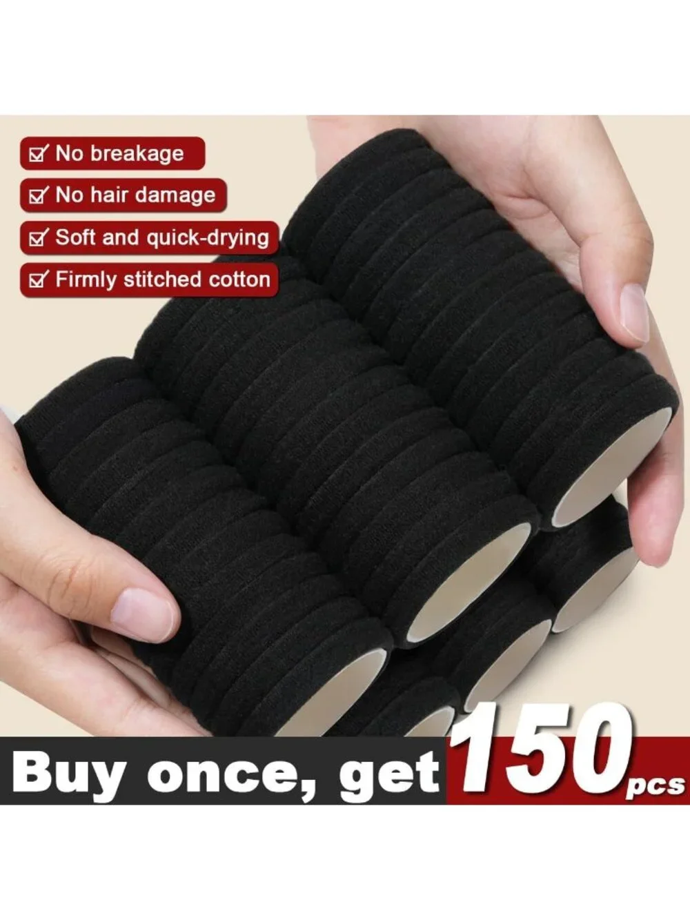 150PCS No Damage Black Hair Ties, Soft Cotton Ponytail Holders for Women